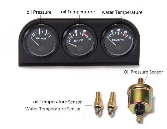 Triple gauge cluster set (oil temp, oil pressure, water temp) with mount